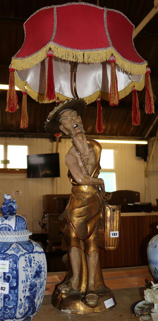 Chinese figural gilded terracotta lamp & shade